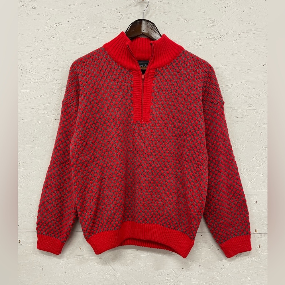 Vintage 80s Hunter’s Glen Knit Half Zip Sweater, Size L, Fits M, Red and Gray